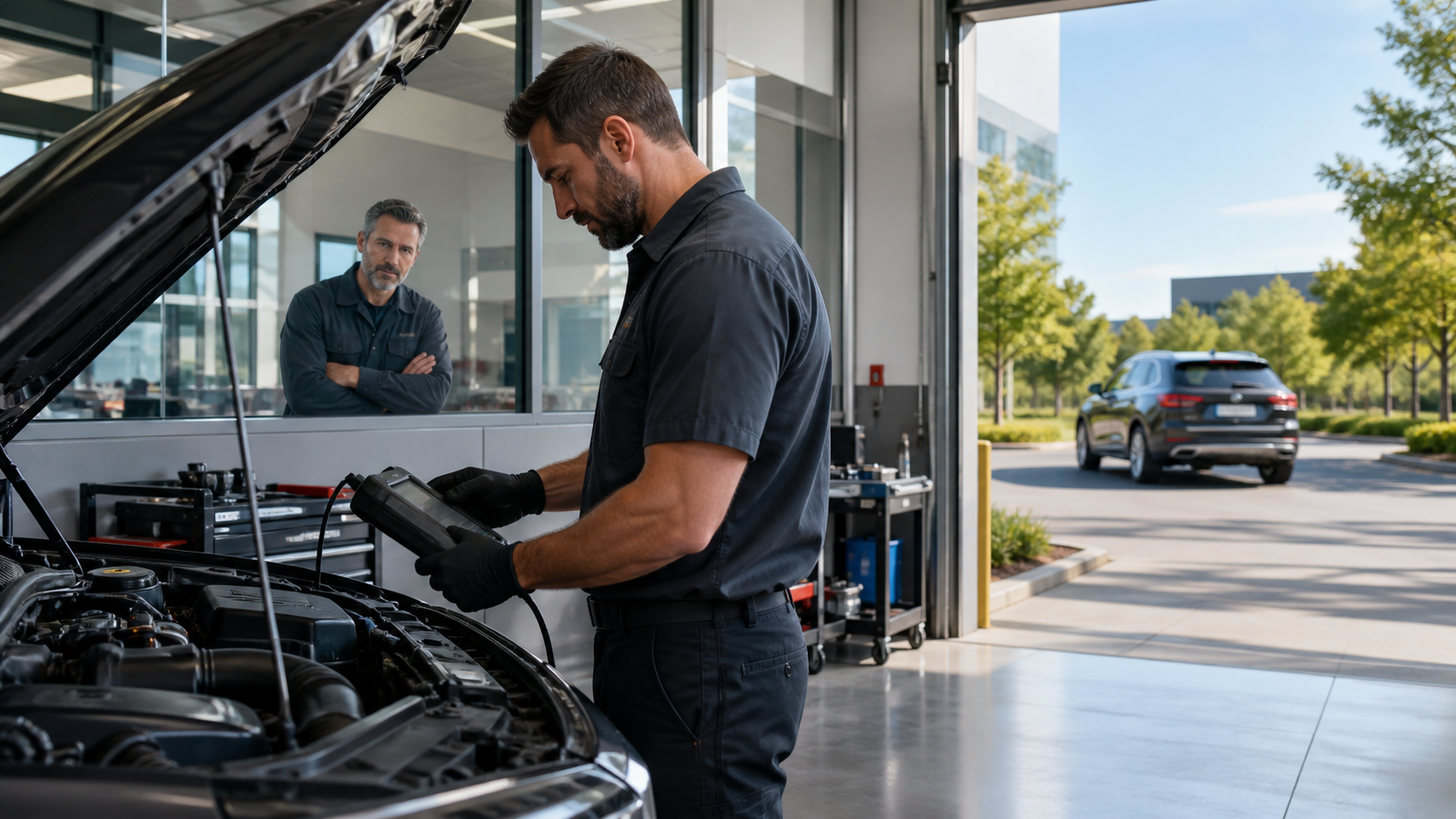 Mechanic using a diagnostic tablet beside a blue car during a daylight road inspection.