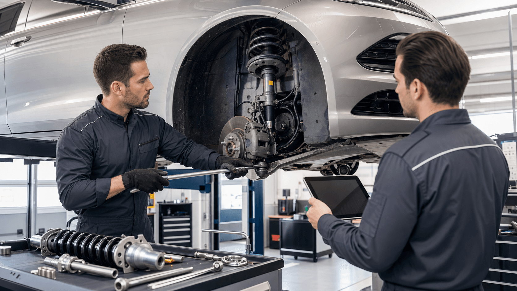 Red car on a lift with exposed suspension, mechanic inspecting a shock absorber under bright shop lights.