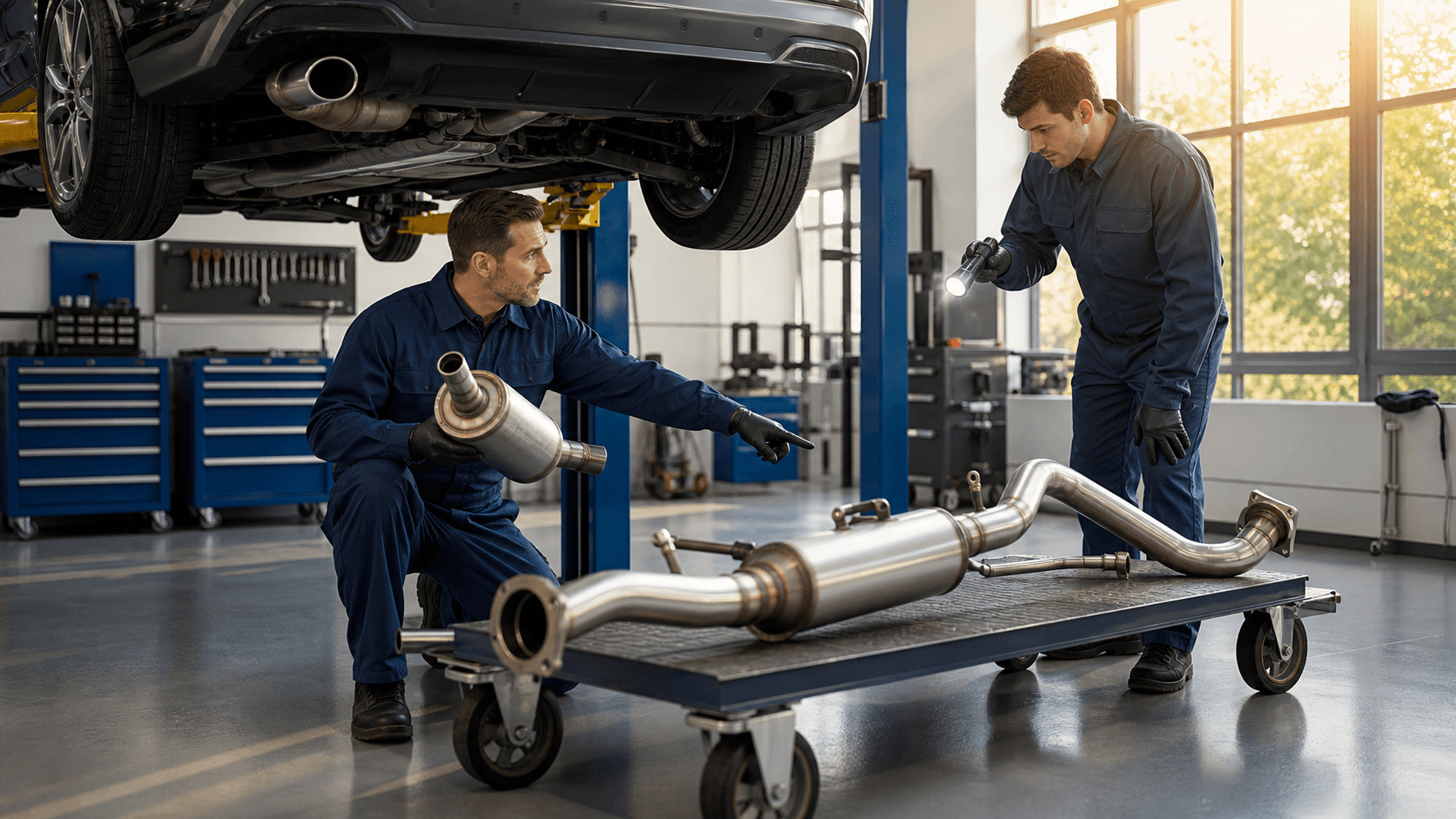 Split-screen view of a car underside, one side showing a muffler, the other a full exhaust system in a garage light