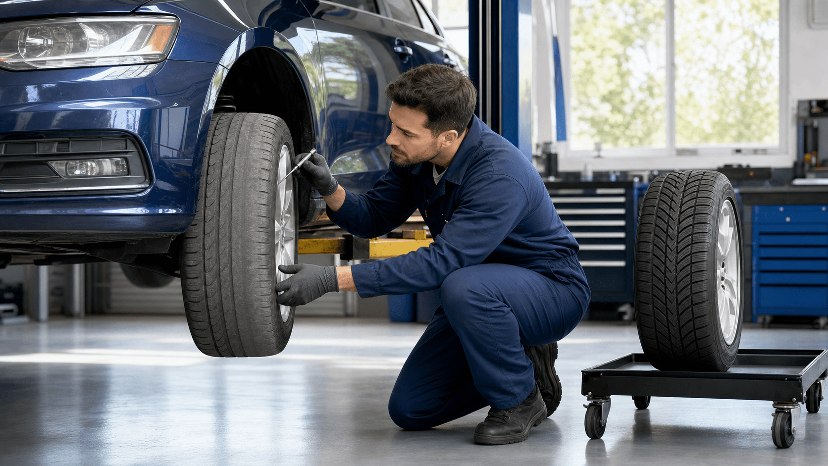 Mechanic’s gloved hands inspect worn tire tread under bright shop lighting, with a car wheel on a lift behind.