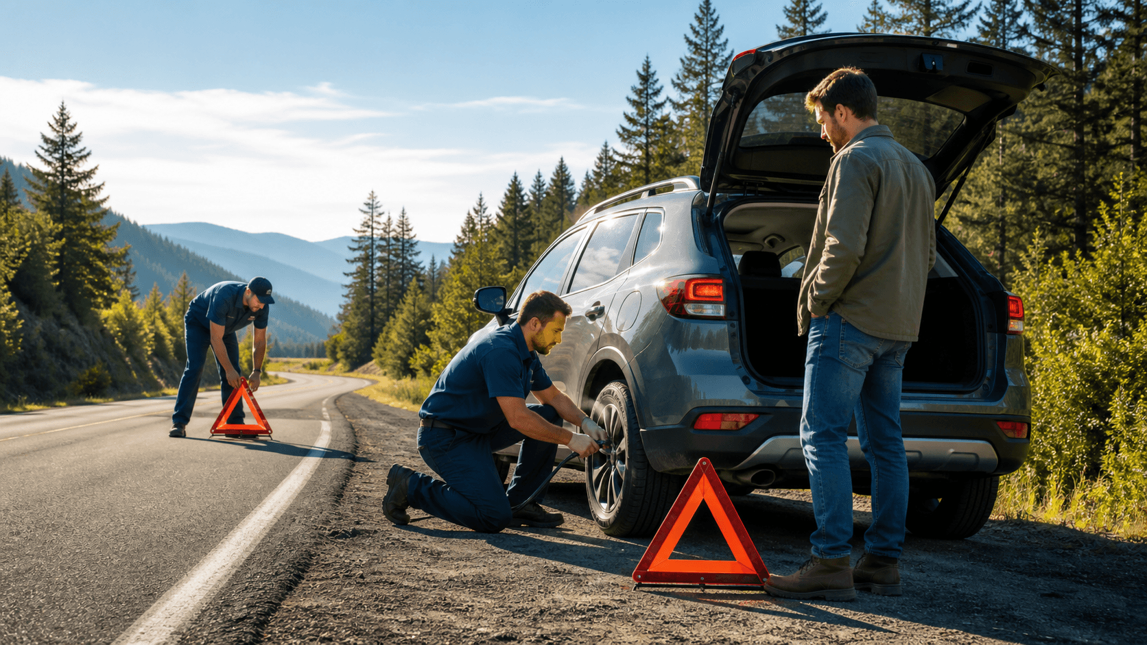 Driver inspecting a car with hazard lights on beside a rural road at dusk.