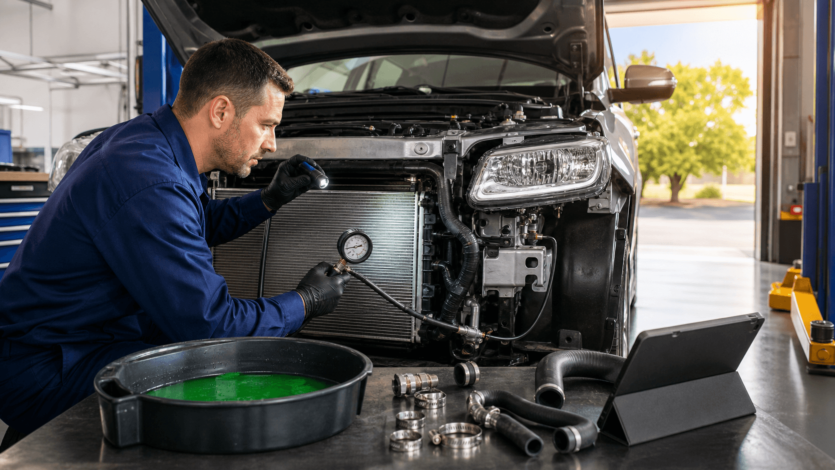Sunlit close-up of an open car hood showing radiator and hoses, with a mechanic’s gloved hands inspecting parts.