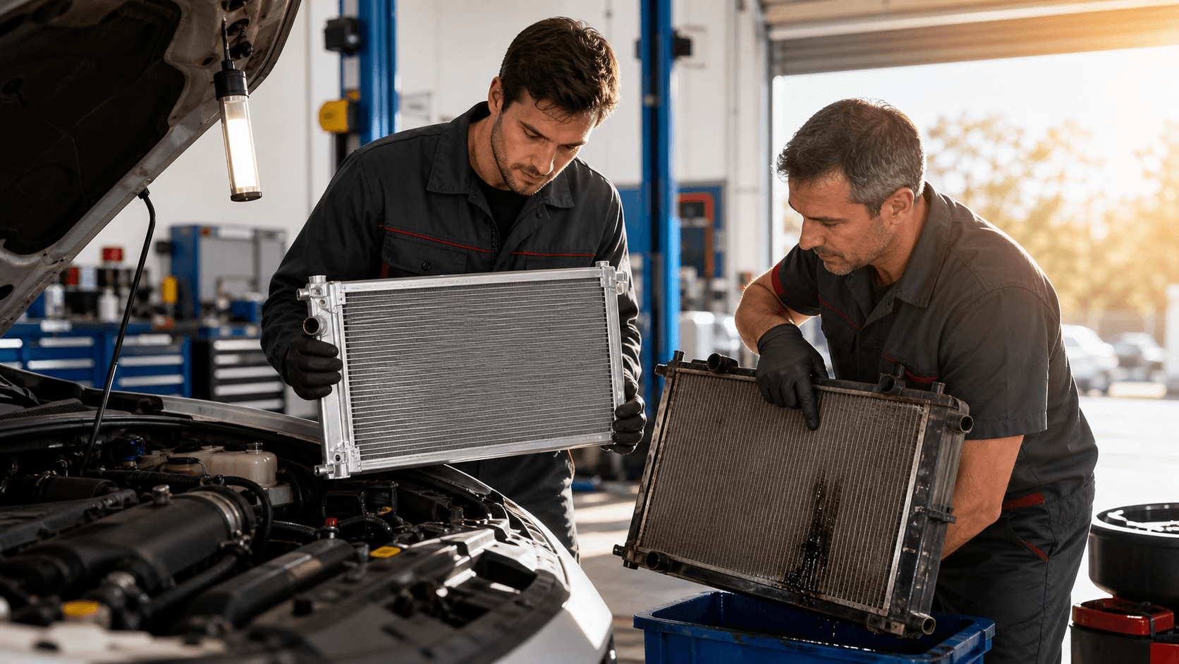 Mechanic inspecting a car radiator in an open hood, with tools on a workbench in a brightly lit garage.