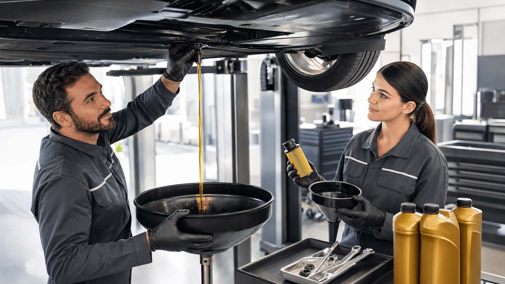Mechanic’s gloved hands pouring golden oil into a car engine under bright shop lights, hood open in foreground.