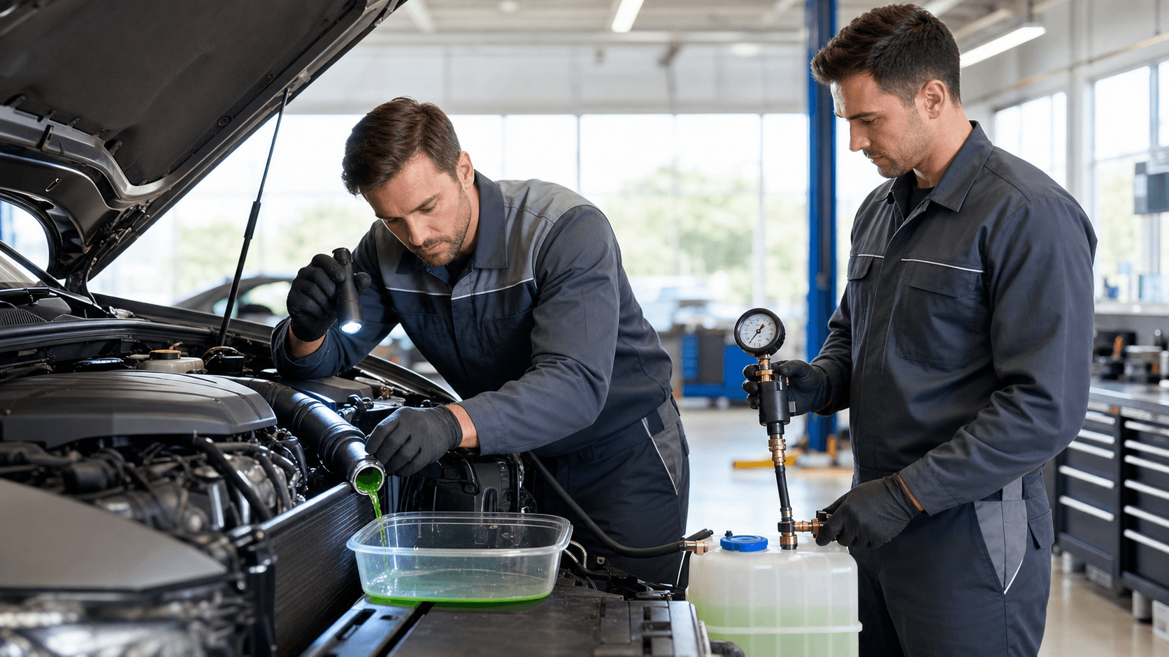 Mechanic in blue gloves inspects an engine bay with green coolant leaking under bright shop lighting.