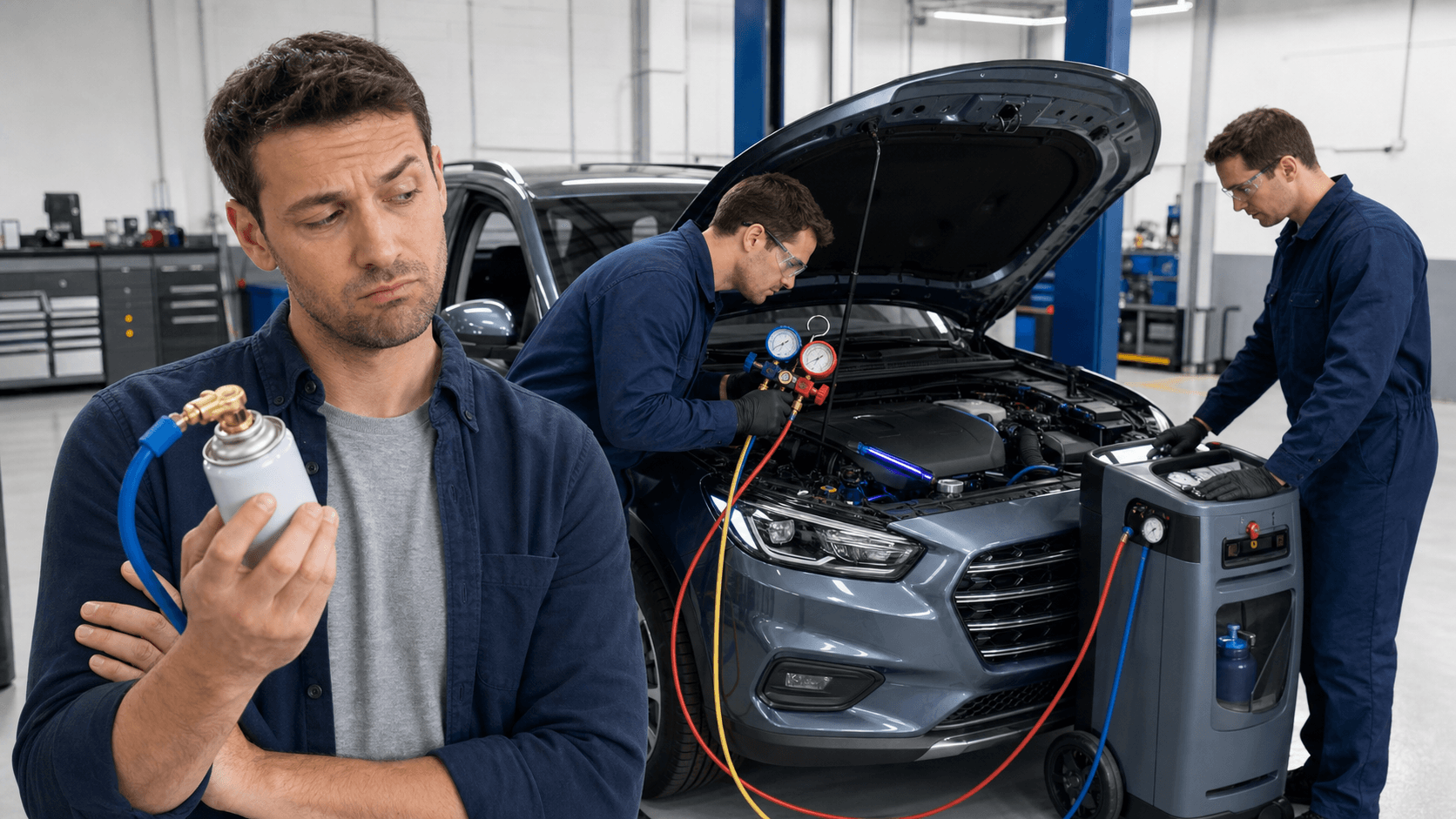 Mechanic’s gloved hands checking car AC gauges under an open hood in a bright garage, blue and red hoses visible